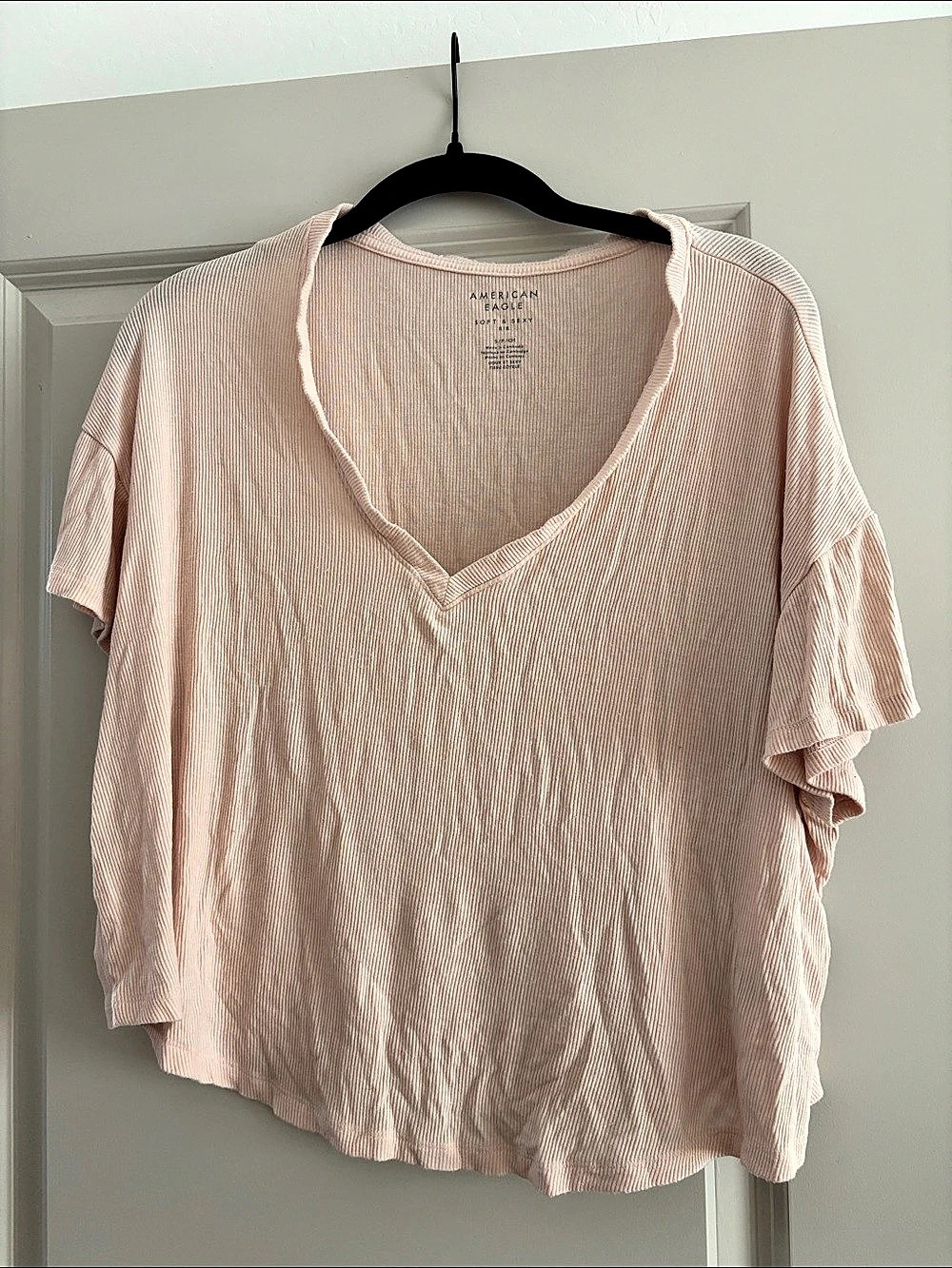 American Eagle Soft & Sexy Rib V-Neck T-Shirt Pink Small